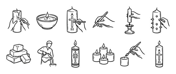 Fototapeta premium Hand-drawn icon set showing the candle making process and Paschal candle decoration for Easter, featuring hands carving wax, pouring liquid, and adding Christian symbols in a doodle sketch style
