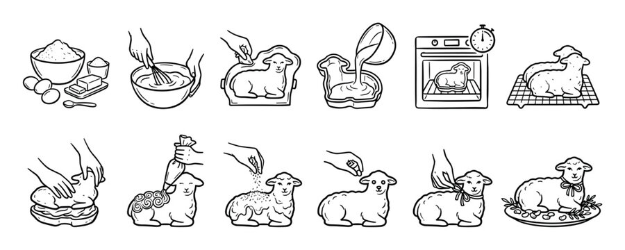 Step-by-step baking instructions for a lamb cake illustrated in a charming black and white line art style, showing the process of mixing, baking, and decorating a festive holiday dessert