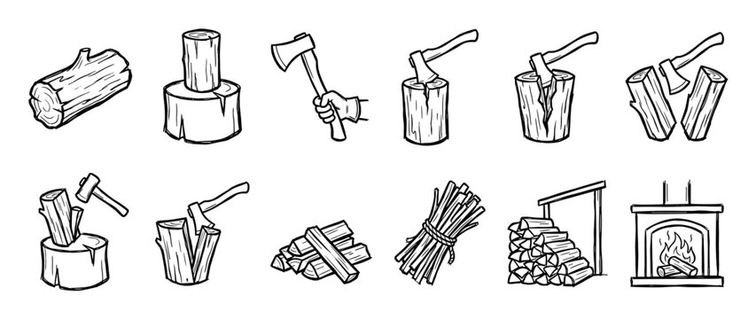 Set of black and white firewood icons showing the process of chopping wood with an axe, from a single log to a burning fireplace, in a hand-drawn doodle illustration style