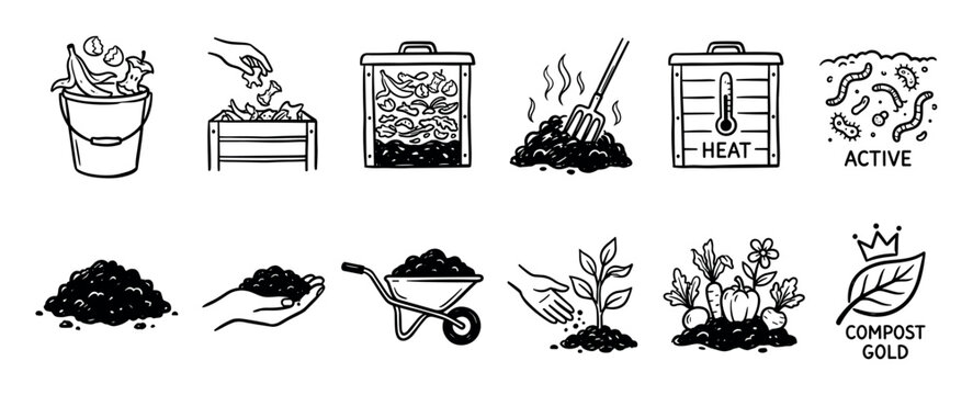 Composting process icon set showing steps from food scraps to rich soil, a hand-drawn black and white doodle collection for gardening and sustainable living concepts