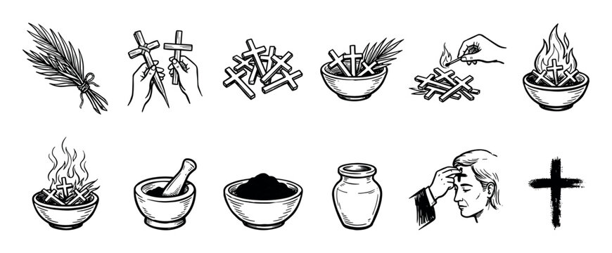 Collection of hand-drawn religious symbols illustrating Ash Wednesday and Lent, featuring palm branches, crosses, burning ashes, and the application of ashes on a forehead