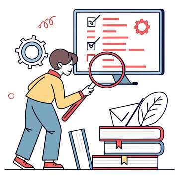 Debugging process illustrated with a magnifying glass examining code and symbols, representing bug fixing and software development.
