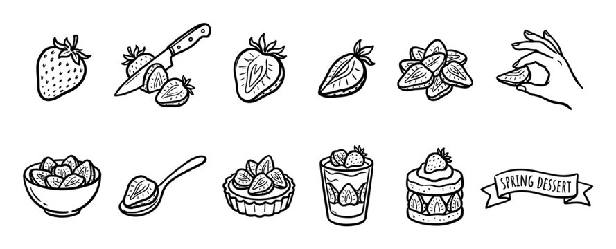 Various hand-drawn black and white strawberry illustrations showcase fresh whole and sliced berries, a knife, a hand, and delightful desserts like tarts, parfaits, and cakes