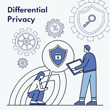 Abstract visualization of differential privacy, depicting protected data flow and secure information sharing in a technological context.