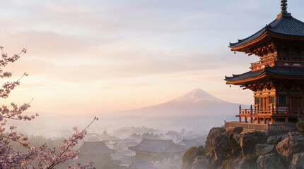 Fototapeta premium Cherry blossoms bloom near a temple with Mount Fuji, created AI