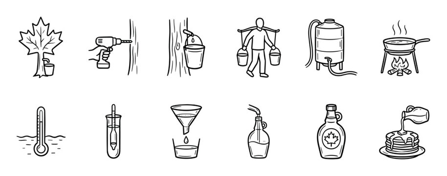 Maple syrup production icon set showing the hand-drawn process from tapping a tree and collecting sap to boiling, filtering, and bottling the final product for breakfast pancakes