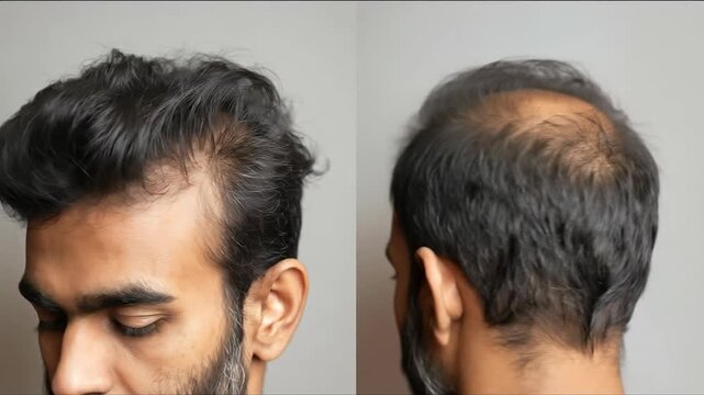 Bald man's change through hair transplant concept. Before and after hair loss transformation of a man showing thinning hair and baldness effects