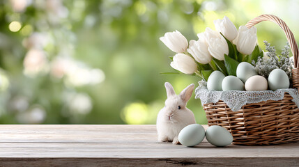 Beautiful holiday background with a wooden textured table and a basket with Easter eggs and flowers, featuring a cute fluffy bunny, with copy space