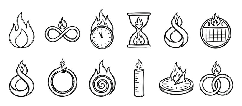 Set of black and white hand-drawn icons representing time, fire, eternity, and urgency with symbols like a burning clock, hourglass, calendar, and infinity loop