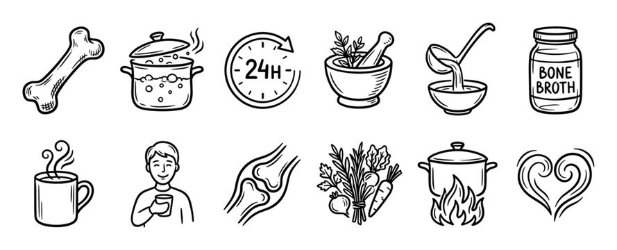 Hand-drawn bone broth icon set illustrating the cooking process with a pot, vegetables, and herbs, and its health benefits for joints, presented in a simple black line art doodle style