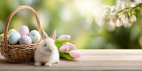 Beautiful holiday background with a wooden textured table and a basket with Easter eggs and flowers, featuring a cute fluffy bunny, with copy space