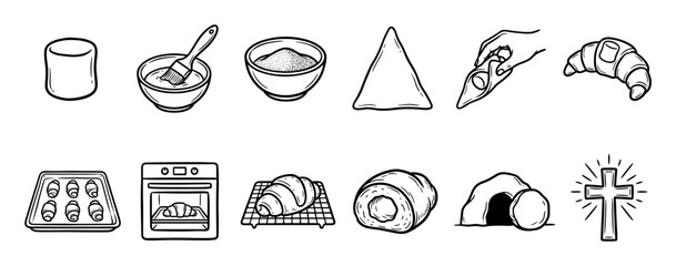 Hand-drawn black and white icon set illustrating a Christian Easter baking tradition, showing the step-by-step process to make symbolic empty tomb rolls from ingredients to the final cross
