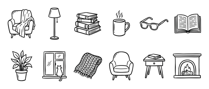 Hand-drawn doodle icons of cozy home elements including an armchair, books, fireplace, and a warm drink for a relaxing hygge lifestyle concept