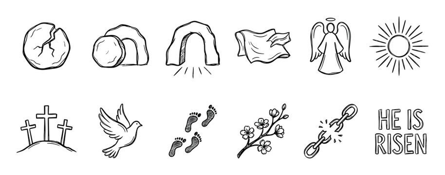 Set of hand-drawn Christian resurrection icons including the empty tomb, angel, crosses, and dove in a simple black and white doodle style for the Easter holiday celebration