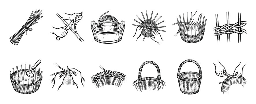 Black and white basket weaving process icons showing the step-by-step instructions for making a wicker container from soaking reeds to finishing the handle in a vintage engraving style