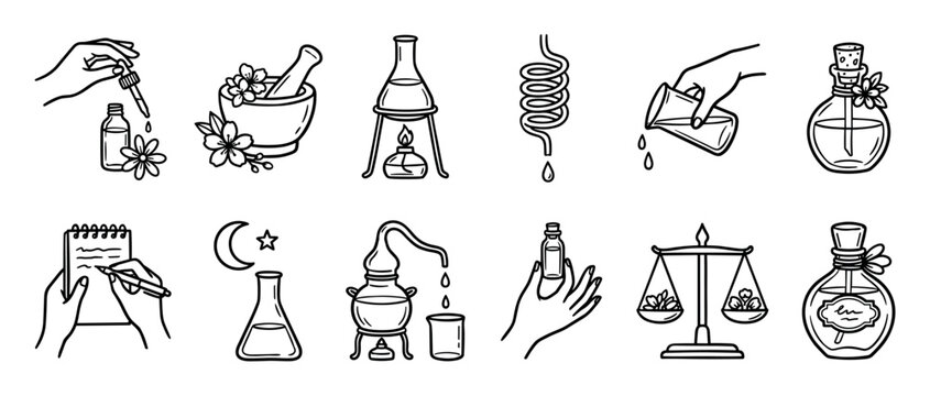 Set of black and white line art icons depicting alchemy, herbalism, and perfume making with laboratory glassware, potions, flowers, and hands in a doodle sketch style