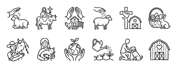Fototapeta premium Hand-drawn black and white line art icons representing farming, animal care, environmentalism, and Christian faith concepts like Easter and blessings in a simple sketch style