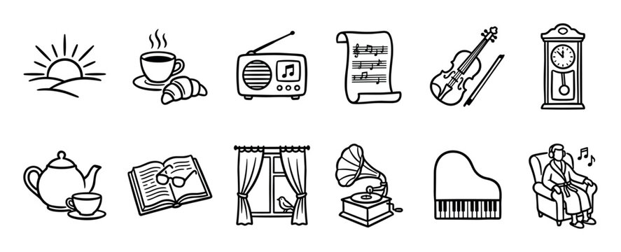 Set of hand-drawn line art icons depicting a cozy morning routine with breakfast, music, reading, and relaxation in a simple black and white doodle style illustration