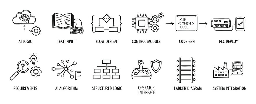 Hand drawn icon set illustrating an AI-driven PLC code generation workflow from requirements to system integration, showing stages like logic design, algorithm, and deployment in a sketch style
