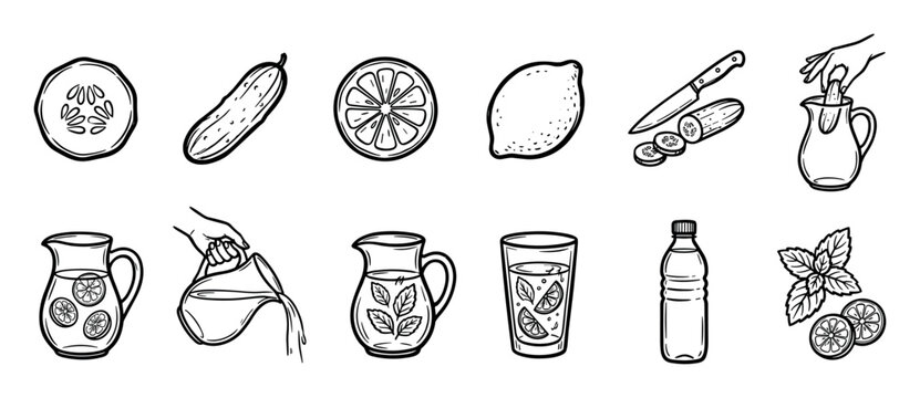 Hand-drawn icon set of infused water ingredients showing the process of making a healthy summer drink with lemon, cucumber, and mint in a pitcher and glass, in a black and white doodle style