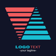 Obraz premium Modern striped triangle abstract logo featuring layered coral and cyan line elements. Perfect for digital companies, creative studios, and contemporary corporate branding.