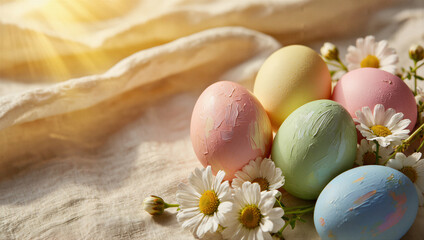 Pastel Easter Eggs with Fresh Daisies and Sunlight