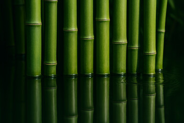 Fototapeta premium Fresh Green Bamboo Stalks with Reflection, Zen Nature Background for Wellness, Spa and Sustainable Branding