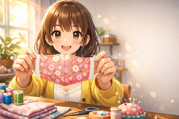 Smiling Girl Showing Handmade Floral Fabric Mask in Warm Spring Light
、花柄の手作りマスクを持つ女の子 暖かな室内のハンドクラフトシーン
