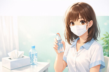 Anime Girl Wearing Mask Using Disinfectant Spray &ndash; Hygiene and Prevention Concept
、マスク姿の少女が消毒スプレーを使用する衛生対策イメージ
