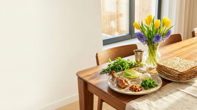 Passover table with matzah and flowers, created AI