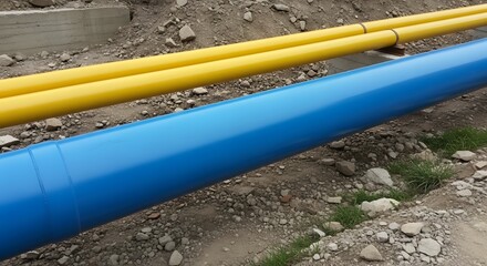 Large Colorful Pipeline Sections Laying Along Rough Terrain with Gravel and Construction