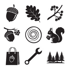 Collection of autumn forest nature and tools vector icons in black
