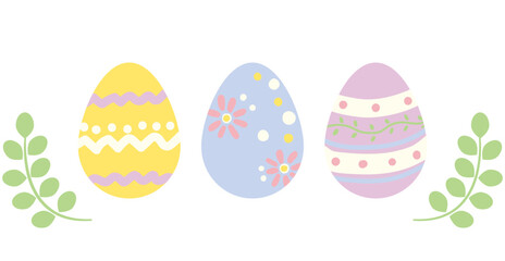 3種類のかわいいイースターエッグとリーフのイラスト
