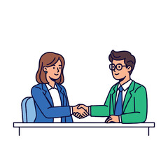 Fototapeta premium Illustration of a smiling businesswoman and man shaking hands over a desk in a professional setting with a colorful and modern aesthetic.