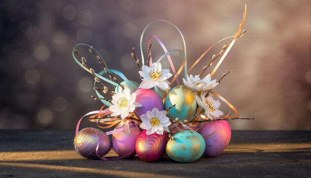Ostereier mit Fr&uuml;hlingsbl&uuml;ten und Weidenk&auml;tzchen, pastellfarbene Osterdeko mit B&auml;ndern auf Bokeh-Hintergrund