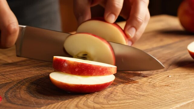 Hand slicing red apple on wooden board