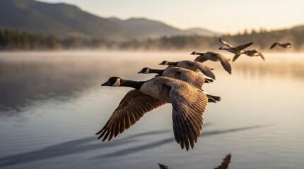 Flock of geese in flight over serene lake at sunrise with soft misty lighting for wildlife photography