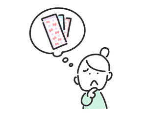 シールのことを考えて悩む女性と吹き出しの線画の手描きイラスト