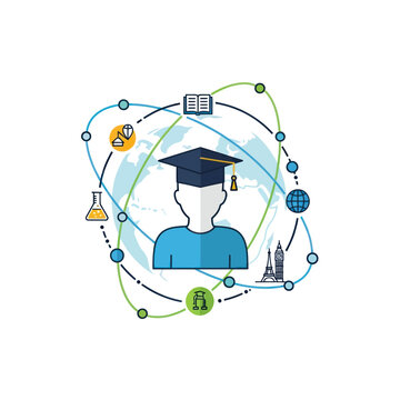 Graduate with global education symbols and world map concept
