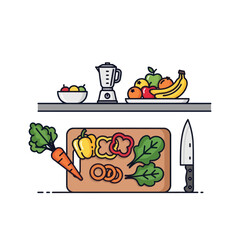 Kitchen counter with blender, fresh fruits and chopped vegetables