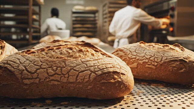 Freshly baked bread loaves in a bakery
