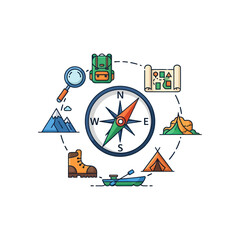 Outdoor exploration and travel icons with navigation compass