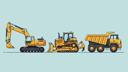 Illustration of construction vehicles, including an excavator, bulldozer, and dump truck, on a light blue background. © Ambon