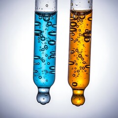 Laboratory Test Tubes with Colored Liquids and Bubbles.