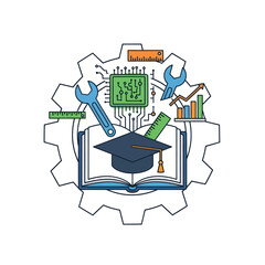 Technology and engineering education icon with tools and book
