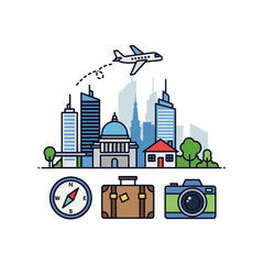 Urban cityscape and airplane with travel accessories