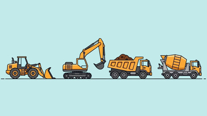 Illustration of construction vehicles including a bulldozer, excavator, dump truck, and concrete mixer truck. © Ambon