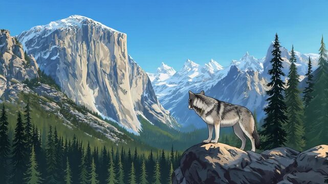 Wolf Standing on Rocky Outcrop in Mountains.