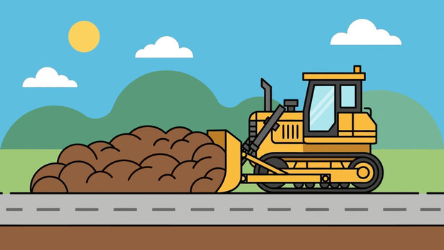A yellow bulldozer pushing a large pile of dirt across a paved road under a blue sky.