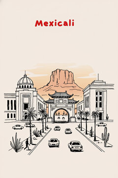 Mexicali, Mexico Pen Line Art Illustration of City Landmark and Travel Scene